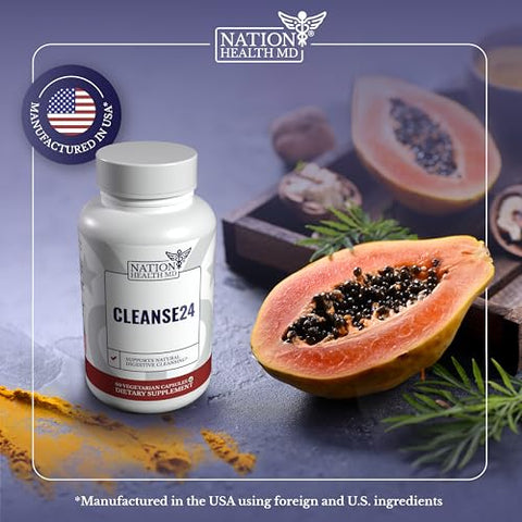 NATION HEALTH MD - Cleanse24 – Limpeza Intestinal para Humanos com Artemísia, Papaia, Nogueira-Negra – Limpeza Intestinal Herbal, Limpeza do Intestino para Homens