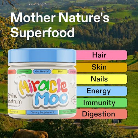 Miracle Moo - Suplemento de Colostro para Saúde Intestinal, Crescimento Capilar, Beleza e Suporte Imunológico – Pó Bovino de Pasto Fácil de Misturar – Maior IgG Plus ImmunoLin, Sem Sabor (30 Porções)