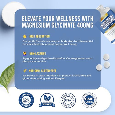 POTENT NATURALS - Magnésio Glicinato 400mg 180 Comprimidos – Fórmula de Absorção Suave Não Laxante – Suplemento Mineral Amigável ao Glúten e Não Transgênico para Homens – Testado por Terceiros, Sem Preenchedores