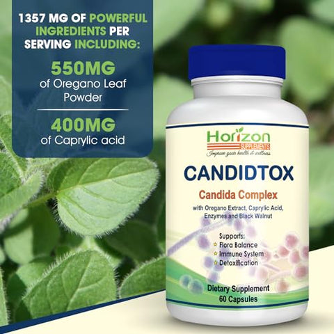 Horizon Supplements - Candida Cleanse Support and Detox com Ervas Naturais, Probióticos e Óleo de Orégano. Suplemento Extra Forte para Candidíase em Homens e Mulheres
