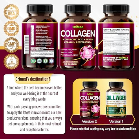 Colágeno Orgânico 6.419 mg com Ácido Hialurônico, Biotina, Queratina, Resveratrol – Vitaminas para Cabelo, Pele e Unhas – Fabricado nos EUA (90 Comprimidos) - GriMed