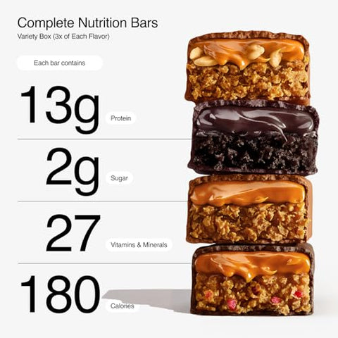 Barras de Proteína Vegana | Caixa com Variedade | 13g Proteína, 27 Vitaminas e Minerais, 2g Açúcar, Não-OGM, Lanche 100% Vegetal | 12 Unidades - Huel