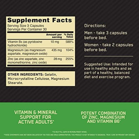 Suplemento Optimum Nutrition para Recuperação Muscular e Resistência, Zinco e Magnésio, 90 Cápsulas