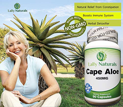 Lally Naturals - Cape Aloe 450 mg – Detox – Cápsulas de Cape Ferox – Laxante Natural – Não-OGM – Cápsulas de Aloe Ferox do Cabo Africano – Alívio Natural – Cápsulas de Folha Inteira de Aloe Ferox (90 Cápsulas)