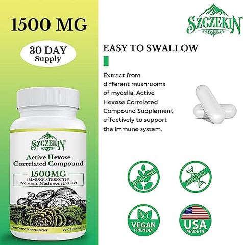 SZCZEKIN - Active Hexose Correlated Compound 1500 mg – Extrato Natural de 8 Cogumelos, Sistema Imunológico, Função Hepática, Atividade de Células Natural Killer e T, 540 Cápsulas Vegetais