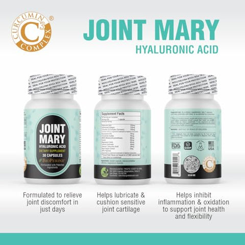 JOINT MARY - Suplemento Ácido Hialurônico – Suporte Avançado para Articulações com Colágeno Hidrolisado, Cúrcuma, Glucosamina, MSM, Vitamina C – 30 Cápsulas