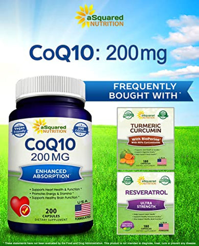 CoQ10 (200 Cápsulas e 200mg) – Pó de CO Q-10 Vegano de Alta Absorção – Suplemento de Enzima Ubiquinona em Pílulas, Coenzima Q10 Antioxidante Extra, Vitamina Coq 10 - aSquared Nutrition