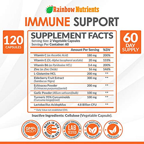LLC,Rainbow Nutrients - Suplemento de Suporte Imunológico 10 em 1 (Sem Preenchedores) | Vitamina C, Zinco, Sabugueiro, Equinácea, Cúrcuma, Probióticos | Impulsionador da Imunidade para Defesa Imune Multissistêmica, Respiratória