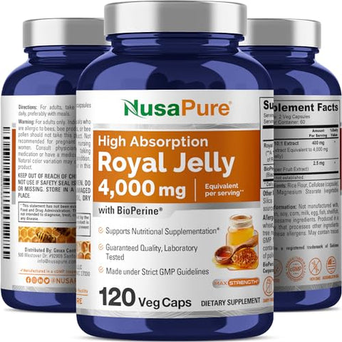 Royal Jelly 4000mg – 120 Cápsulas Vegetais (Sem OGM, Sem Glúten, Bioperina) - NusaPure