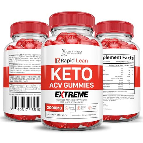 Justified Laboratories - (2 Pacotes) Gomas Rapid Lean Keto ACV Extreme 2000MG – Gomas Rapid Lean Keto de Vinagre de Maçã Formuladas com Suco de Romã e Beterraba em Pó B12 Vegan Non GMO 120 Gomas