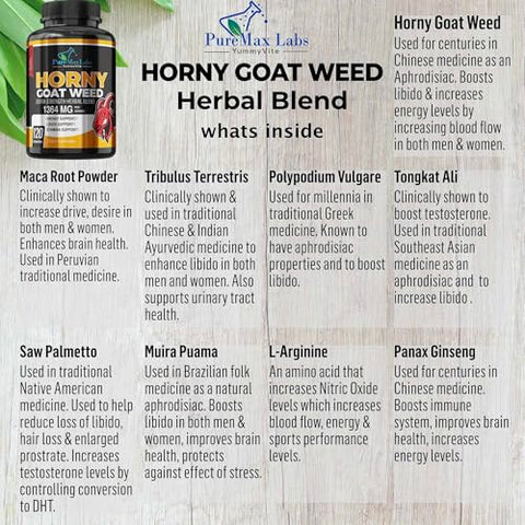 YUMMYVITE - Horny Goat Weed Extra Strength Blend – 120 Cápsulas com Maca, Arginina, Ginseng, Tribulus, Tongkat, Libido, Resistência, Suporte Energético – Fórmula Não-OGM, 120 Cápsulas