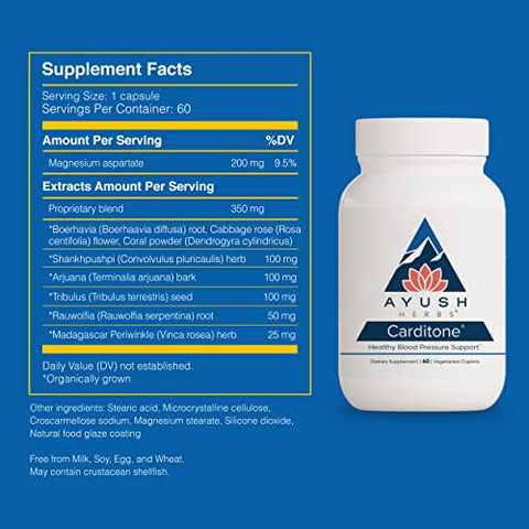 Carditone: Suplemento Herbal Ayurvédico para Suporte Natural à Pressão Arterial, Fórmula Médica Confiável por mais de 30 Anos, 60 Comprimidos Vegetarianos - Ayush Herbs