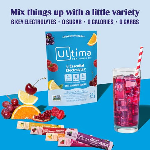 Bebida Diária de Eletrólitos em Pó – Variedade Original, 20 Sachês – Hidratação com 6 Eletrólitos - Ultima Replenisher