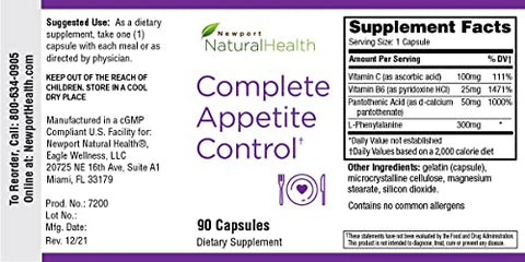 Newport Natural Health - Controle Completo do Apetite – Suplementos para Perda de Peso Feminino e Masculino, Inibidor de Apetite, Pílulas de Dieta que Funcionam Rapidamente, Queimadores de Gordura para Mulheres, Aumente a Perda de Gordura, 90 Cápsulas