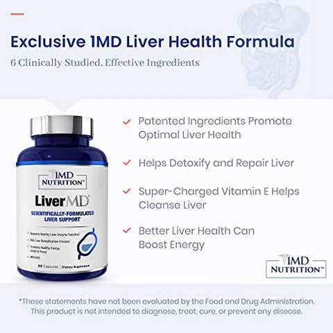 1MD Nutrition - 1MD LiverMD – Suplemento de Suporte ao Fígado | Extrato de Cardo de Leite Siliphos – Altamente Bioacessível, para Suporte ao Fígado | 60 Cápsulas (2-Pack)