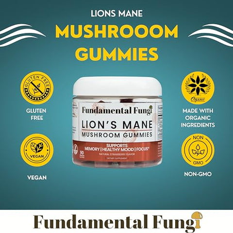 Fundamental Fungi - Gomas de Cogumelo do Leão Orgânico | 90 Porções | Saúde Cerebral, Foco, Clareza