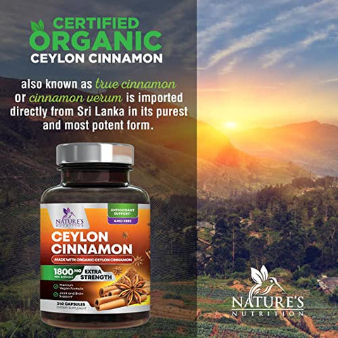 Nature's Nutrition - Cápsulas de Canela Pura Certificada Orgânica, Cápsulas de Canela Ceylon, Sem OGM, Sem Glúten, Sem Lactose, Suplemento em Pó de Canela do Sri Lanka, Melhores Vitaminas Veganas de Cinnamomum True