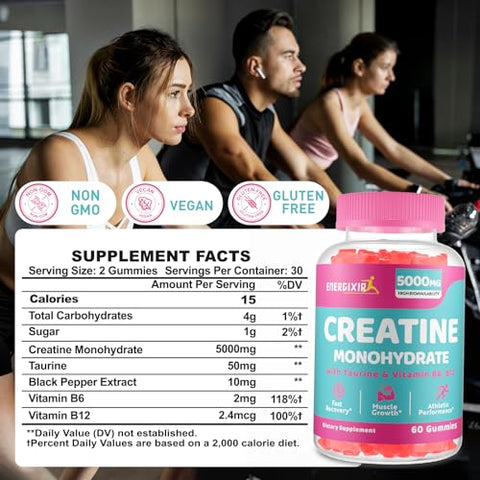 Energixir - Gomas de Creatina Monohidratada, Suplemento de Creatina para Mulheres, Mastigáveis Pré-Treino de Creatina 5000mg com Taurina