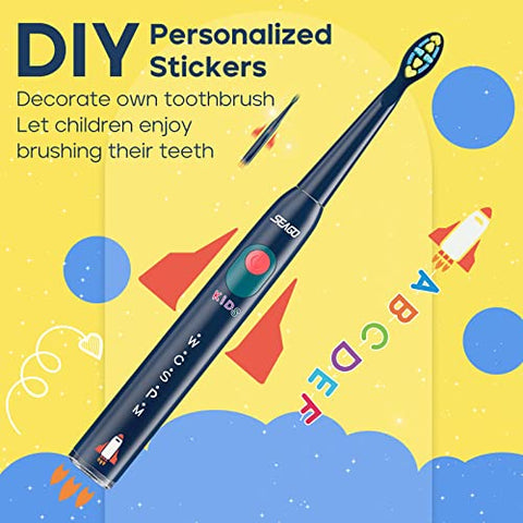 Escova de Dentes Elétrica SEAGO Kids, Cerdas Macias Sônicas Recarregáveis com Adesivos Personalizáveis, 5 Modos, Inclui 4 Cabeças de Escova Substituíveis, Idade de 3 a 12 Anos (Azul Marinho)