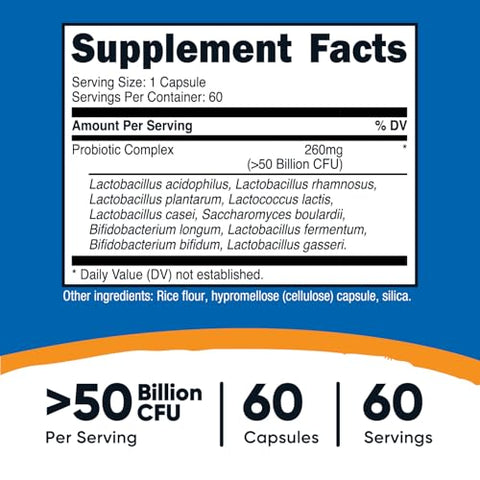 Probiotic Complex – 50 Bilhões UFC, 60 Cápsulas – Probiótico para Homens e Mulheres – Cápsulas Vegetarianas, Livre de Transgênicos, Sem Glúten - Nutricost