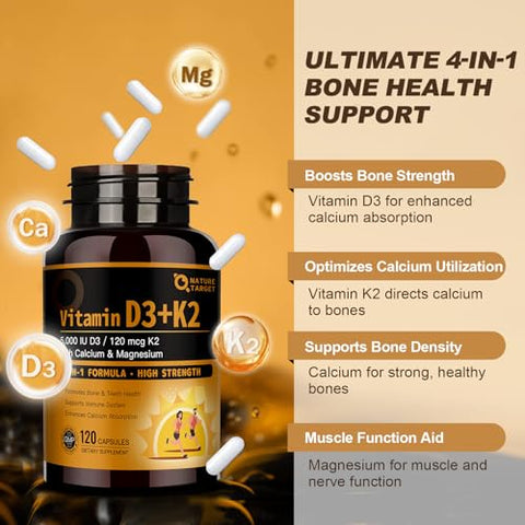 Vitamina D3 K2 com Cálcio – Fortaleça seus ossos – 60 cápsulas - NATURE TARGET