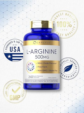 L-Arginina 500mg Cápsulas | 240 Unidades | Livre de Transgênicos | Forma Livre - Carlyle