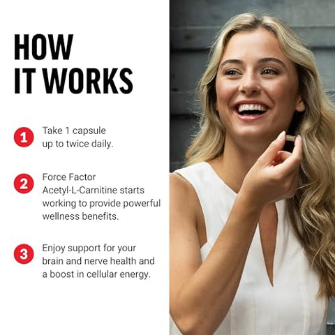 Acetyl L-Carnitine – Suplemento Cérebro, Suporte Nervoso e Energia Celular – 500mg, Qualidade Premium, Vegano, Não-OGM, 100 Cápsulas Vegetais - Force Factor