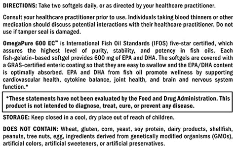 OmegaPure 600 EC – Óleo de Peixe Certificado pela International Fish Oil Standards (IFOS) – Ômega-3 DHA EPA para Suporte Cardiovascular e Cognitivo (120 Softgels) - XYMOGEN