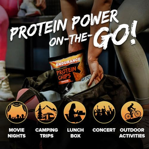 natural ENDURANCE - Chips de Proteína Natural Endurance – Snack Low Carb, Alto Teor de Proteína, Vegano com Óleo de Abacate, 14g de Proteína por Pacote, Sem Glúten, Nacho, BBQ, Chili, Bolo de Aniversário