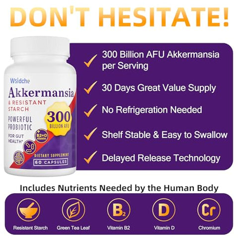 Wsidche - 300 Bilhões de Probióticos Akkermansia AFU | Probiótico GLP-1 para Mulheres | 100% Natural e Eficaz