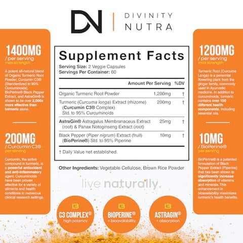 Divinity Nutra - Turmeric Curcumin com BioPerine Pimenta Preta 1400mg, Suporte Natural GLP-1, Máxima Absorção, Suplemento de Cúrcuma para Suporte Articular com 95%% Curcuminoides Padronizados C3