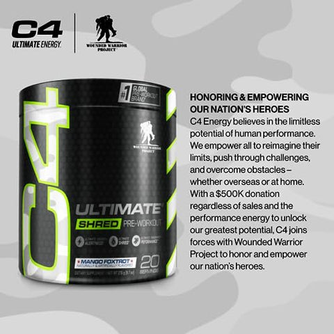 C4 Ultimate Shred x Wounded Warrior Project – Pré-treino em pó queima gordura para homens – 30 doses, 200g - Cellucor