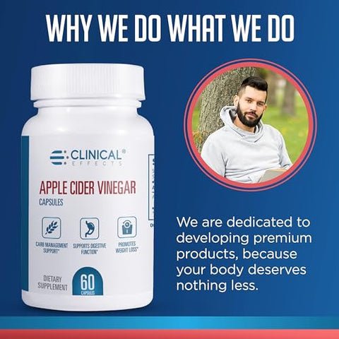 Cápsulas de Vinagre de Maçã – 1300mg de Vinagre de Maçã Puro para Gerenciamento de Peso, Saúde Cardíaca e Suporte Energético – 60 Cápsulas Vegetais de ACV – Fabricado nos EUA - Clinical Effects
