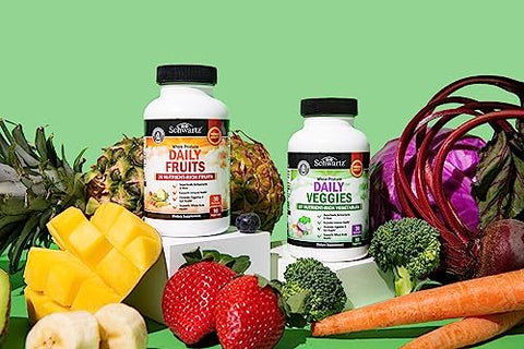 BioSchwartz - Suplemento de Frutas e Vegetais para Mulheres e Homens – 47 Antioxidantes de Alimentos Integrais – Equilíbrio Natural Diversificado de Vitaminas, Minerais e Noni – 90 Cápsulas de Frutas, 90 Cápsulas de Vegetais