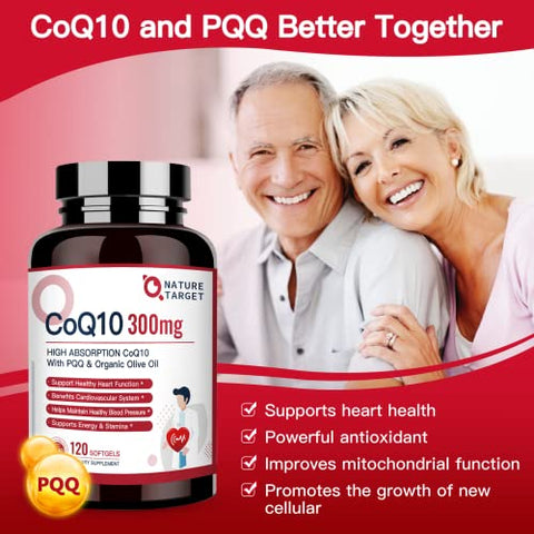 CoQ10-300mg-Softgels PQQ com Azeite Orgânico – Alta Absorção de Coenzima-Q10 – Antioxidante para Saúde do Coração e Suporte Imunológico, Produção de Energia, 120 Porções - NATURE TARGET