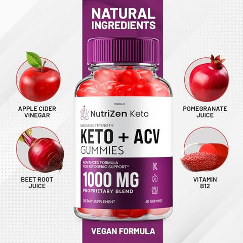 Indelo - NutriZen Keto ACV Gummies – Fórmula Avançada Nutri Zen Keto Plus ACV Gummies Apple Cider Vinegar Keto Nutrizen Gummies (60 Gummies)