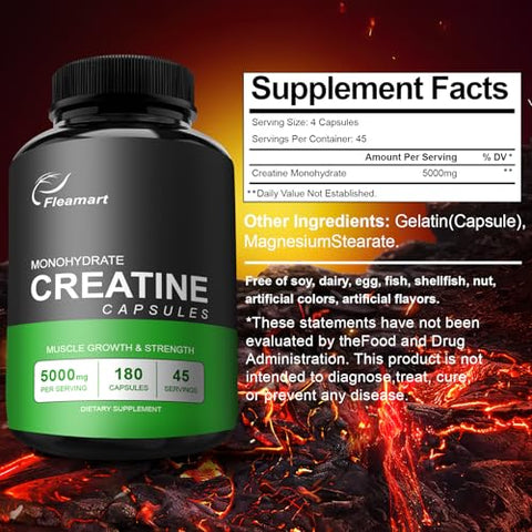 Fleamart - Cápsulas de Monohidrato de Creatina Micronizada, Amigável ao Keto, 5000mg, 180 Cápsulas, Testadas por Terceiros, Fabricadas nos EUA, Livre de OGM e Glúten