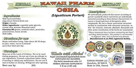 Extrato Líquido OSHA Sem Álcool, Raiz Seca de OSHA (Ligusticum porteri) Glicerito Herbal Natural, EUA 60 ml - Hawaii Pharm