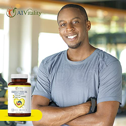 A1Vitality - Ômega 3 Triplo Forte EPA DHA – 2500mg Óleo de Peixe com Sabor de Limão, Livre de Arrotos – Alta Potência 900mg EPA 600mg DHA Suporta Circulação, Cérebro, Coração, Olhos, Pele e Ossos