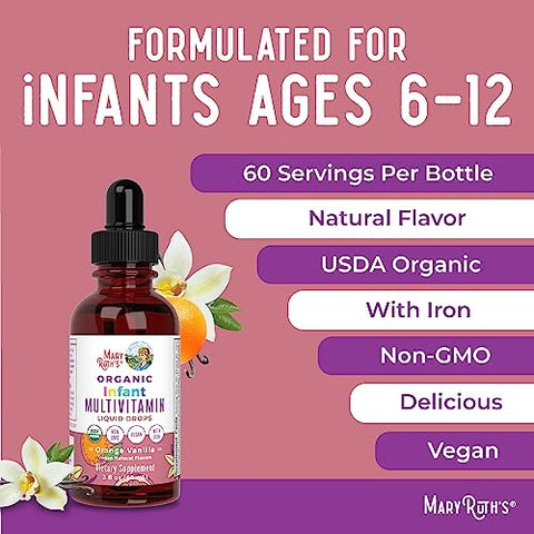 MaryRuth Organics - Multivitamínico com Ferro para Bebês por MaryRuth’s | Orgânico USDA | Gotas Líquidas Multivitamínicas para Bebês de 6 a 12 Meses | Suporte Imunológico