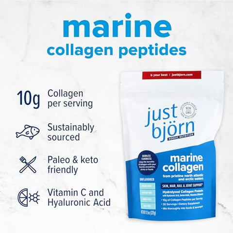 just björn - Just Bjorn Pó de Peptídeos de Colágeno Marinho sem Sabor – Suporte para Pele, Cabelo, Unhas e Articulações com Ácido Hialurônico, Vitamina C e Aminoácidos – (30 Porções | 325g)
