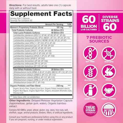 Vital Flora Women’s Daily Probiotic 60 Billion CFU, 60 Diverse Strains, 7 Organic Prebiotics, Vaginal and Immune Support, Bloating, Digestive Health Probiotics… - Vital Planet