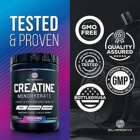 SILVERONYX - Creatina Monohidratada em Pó Micronizada 5000mg – Suplemento de Creatina Pura 100%, Creatina Monohidratada em Pó 5g, Suporte para Construção Muscular, Suplemento de Creatina Mono, Keto