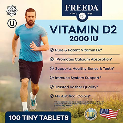 Vitamina D2 2000 UI – Certificado Kosher – Alta Potência Ergocalciferol D2 – Vitamina D Vegana 2000 UI para Adultos – Vitamina D Vegetariana 2000 Unidades – FREEDA - FREEDA