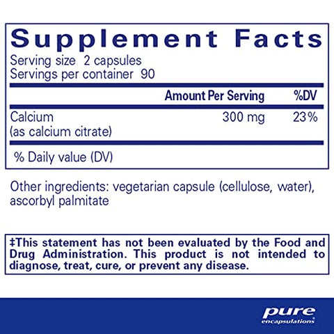 Suplemento de Cálcio (Citrate) Pure Encapsulations – Suporte para Saúde Óssea, Dental, do Cólon e Cardiovascular* – com Citrato de Cálcio Premium – 180 Cápsulas