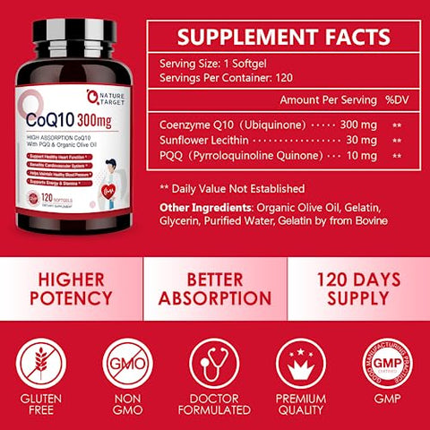CoQ10-300mg-Softgels PQQ com Azeite Orgânico – Alta Absorção de Coenzima-Q10 – Antioxidante para Saúde do Coração e Suporte Imunológico, Produção de Energia, 120 Porções - NATURE TARGET