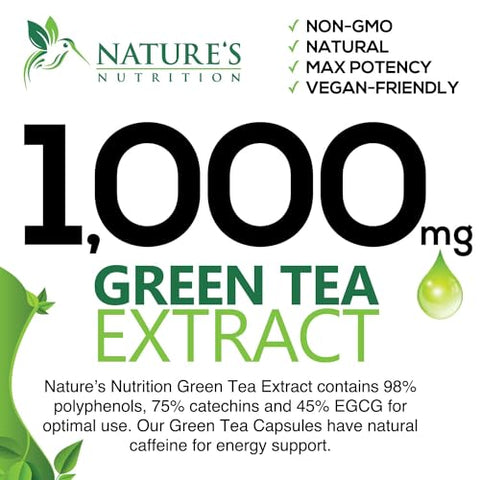 Nature's Nutrition - Extrato de Chá Verde em Cápsulas 1000mg 98%% Padronizado em EGCG – 3X Mais Potente para Energia Natural – Suporte Cardíaco com Polifenóis – Cafeína Suave – 240 Cápsulas