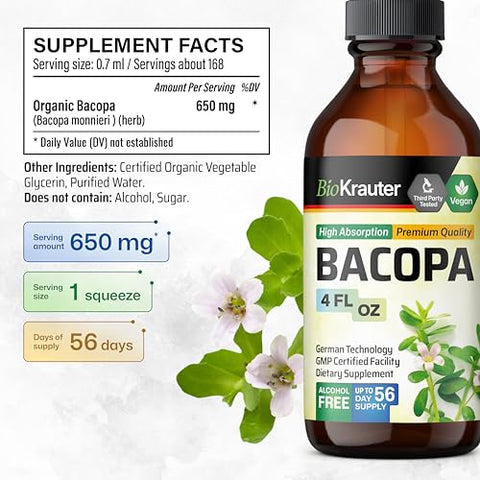 BIO KRAUTER - Bacopa Monnieri Orgânica – Tintura Líquida de Suporte à Saúde Cognitiva – Extrato Herbal Orgânico de Bacopa – Álcool