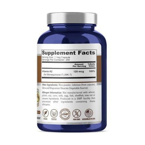 Vitamina K2 MK7 120 mcg 200 Cápsulas Vegetais (Sem Soja, Não-OGM, Vegano) - NusaPure