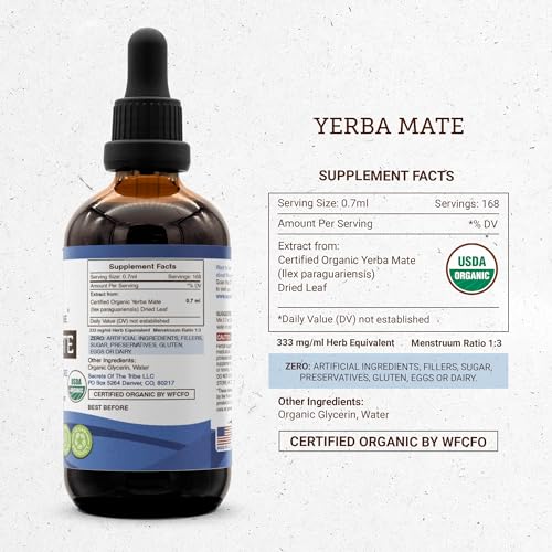 Secrets of the Tribe - Yerba Mate Orgânica Certificada USDA | Extrato sem Álcool, Gotas de Ervas de Alta Potência | Feito com Folha Seca de Yerba Mate Orgânica Certificada (4 Fl Oz (Pack…
